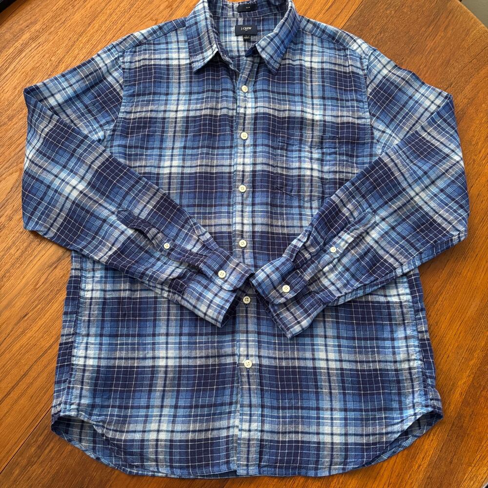 J.Crew men’s blue plaid 100% linen button down long sleeve shirt size large